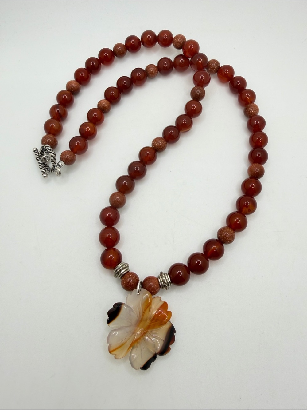 NWOT 21" Carnelian, Goldstone, carved pendant, necklace w/ 925 hardware!